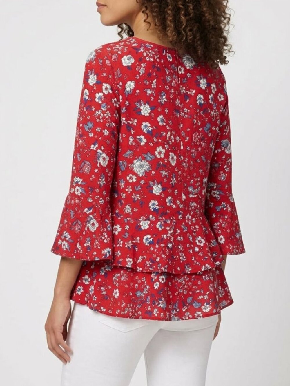 RW&CO Red Floral Ruffle-Sleeve Tiered Blouse Medium Viscose Cottagecore